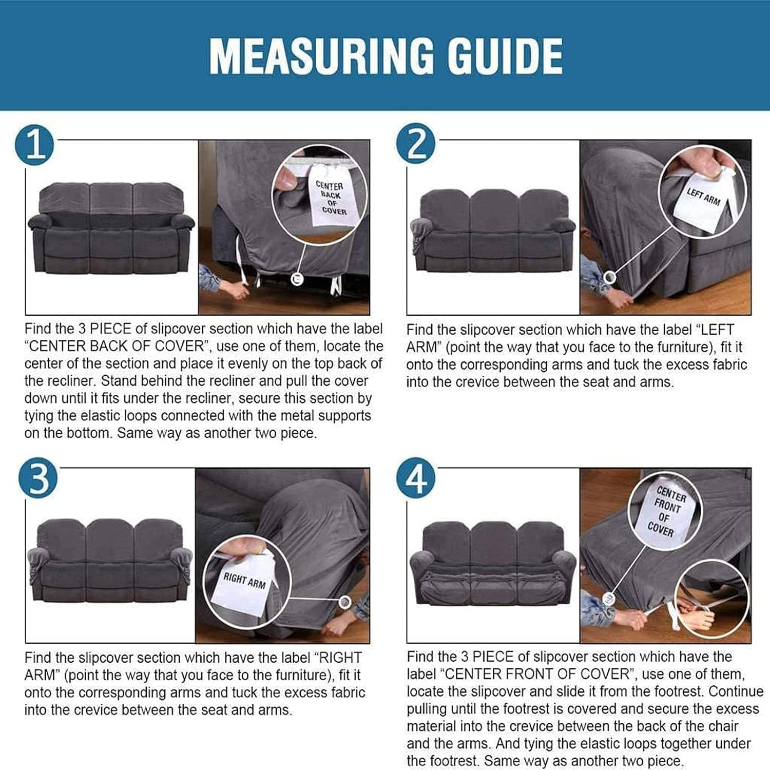 Funda for sillón reclinable Relax de Terciopelo elástico de 1 Plaza, 4 Piezas con Bolsillos Funda for sillón eléctrico reclinable Relax(Grigio,3 posti)