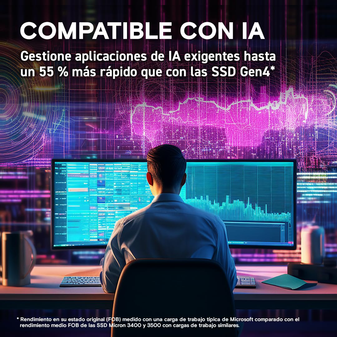 Crucial T705 SSD 2TB PCIe 5.0 x4 Gen5 NVMe M.2 con Disipador, Velocidades de Lectura hasta 14500 MB/s, Escritura 12700 MB/s, para PC de Escritorio, TLC NAND, Disco Duro Interno - CT2000T705SSD5