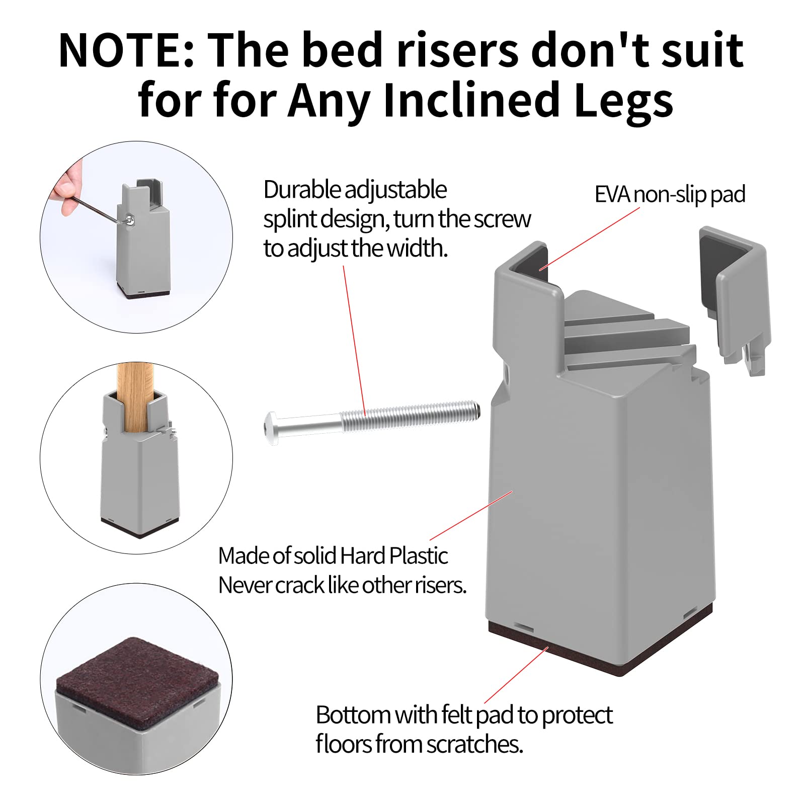 RCHYFEED Elevadores de Cama Ajustable para Muebles de 10cm con Abrazadera de Tornillo, 4 unidades 4'' Elevador Cama para Patas de Mesa Sofá Armarios Cuadradas y Redondas de 0,8 a 1,6 pulgadas de Ancho
