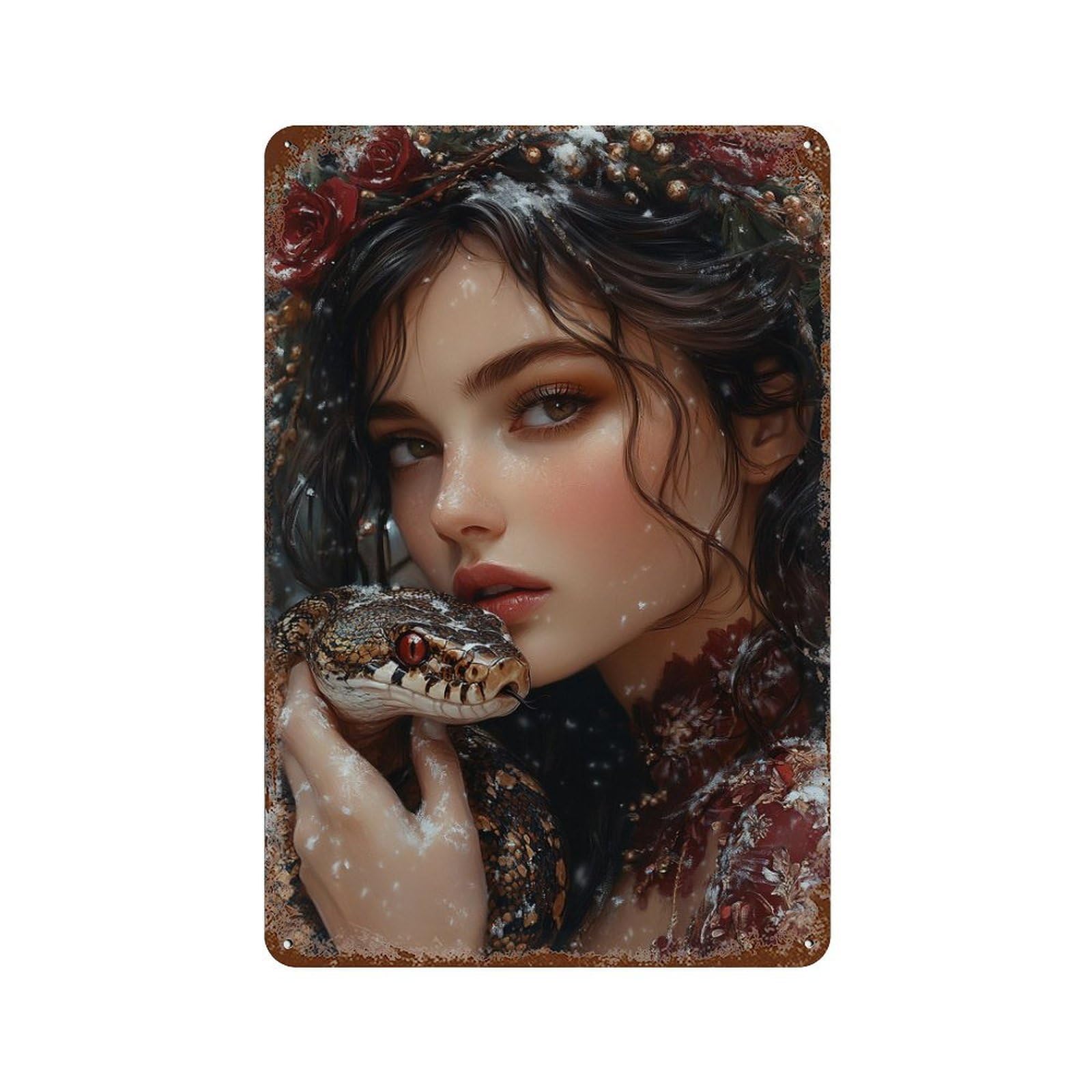 Winter Rose Snake Woman Distressed Metal Wall Sign 11.8"x7.9", Rustic Home Decor for Living Room, Hallway And Home Decor