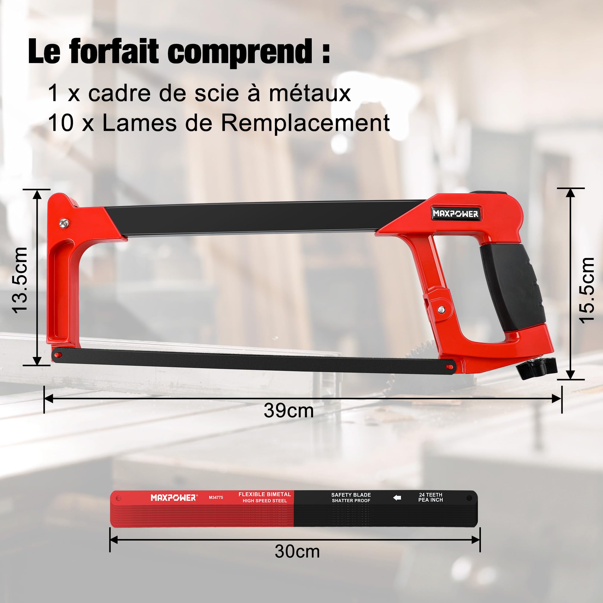 MAXPOWER Scie à Métaux 300 mm, Scie à Main avec 10 Lames de Rechange, 45°/90°, Métal, Bois, Acier, Tuyau PVC, Plastique, Professionnelle