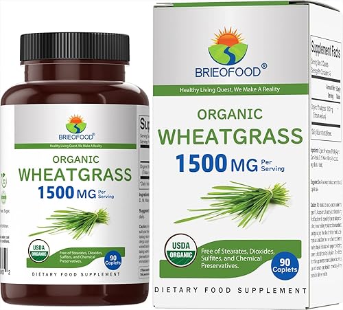 Brieofood Hierba de trigo orgánica 1500 mg, 45 porciones, vegetariana, sin gluten, 90 tabletas vegetarianas