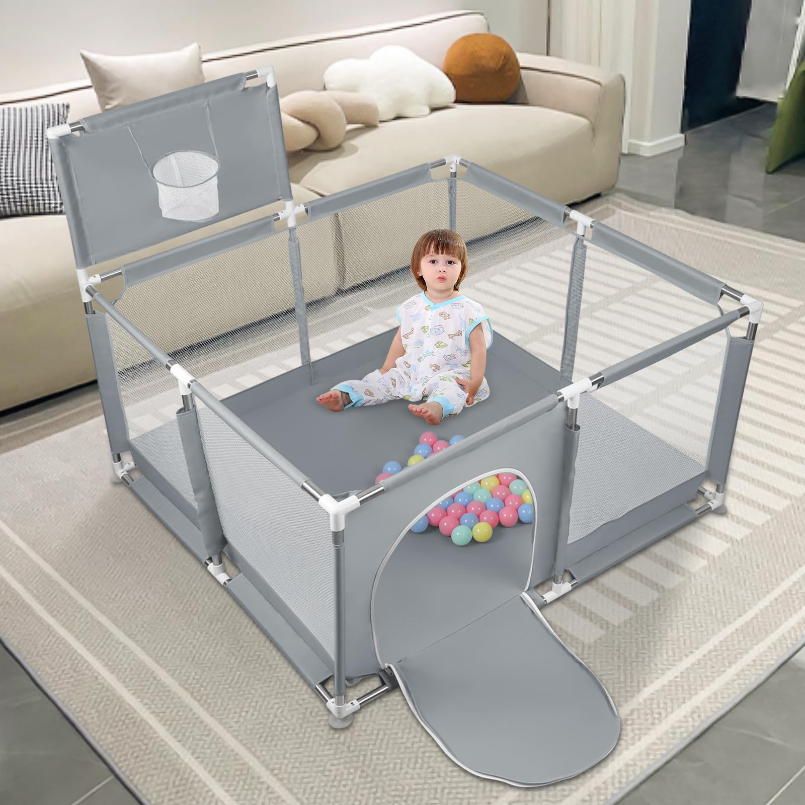 Laufstall Baby, Indoor & Outdoor Laufgitter Baby Große xxl Sicherheitsspielplatz Schutzgitter für Kinder mit Weichem Netz, Rutschfestem Oxford Bottom, 126 x 126 x 66 cm – Dunkelgrau