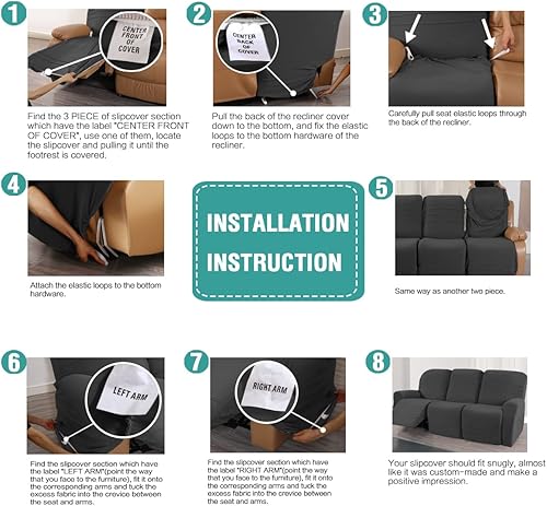 Miniatura 8 de GAMUKAI Fundas de sofá reclinable de 5 piezas, fundas elásticas de forro polar para sofá reclinable de 3 plazas, protector de muebles (gris oscuro)