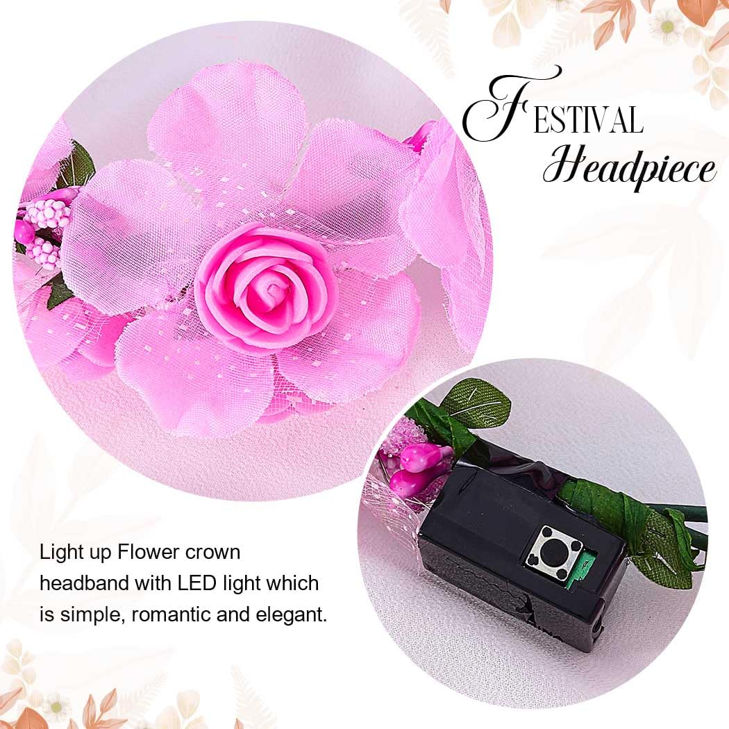 Fashband Light Up Flower Headbands LED Floral Crown Hair Wreath Bridal Headband Garland Headpiece Festival Headdress for Women (B) - Image 3