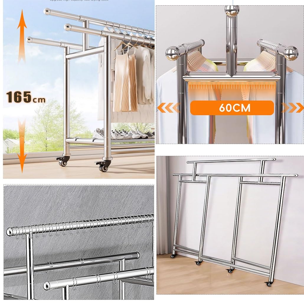 Rollbarer, zusammenklappbarer Wäscheständer for drinnen und draußen, ausziehbarer Wäscheständer, Wäscheständer aus Edelstahl for Wäsche, Badezimmer und Balkon(1)