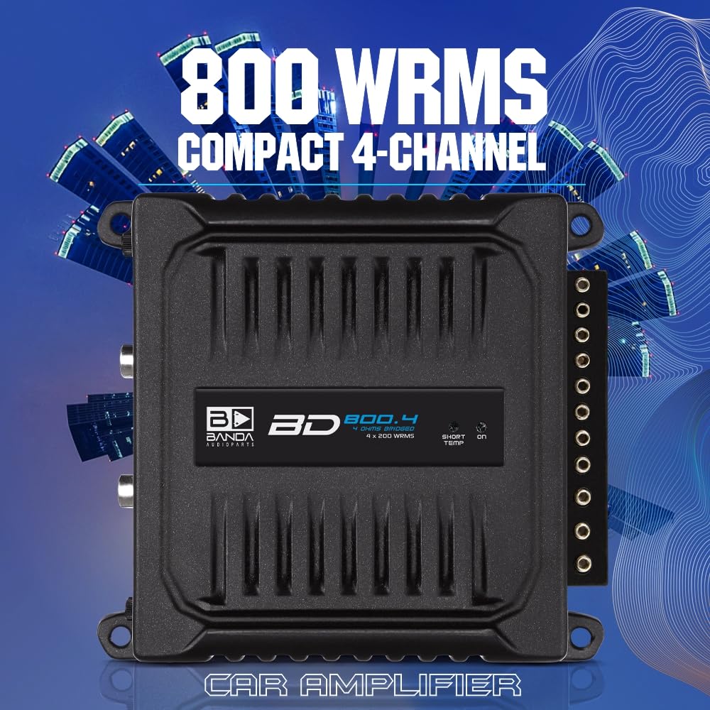 Banda Audioparts BD800.42OHM 800 W 4-kanałowy 2 omy pełny zakres samochodowy wzmacniacz audio 4 x 200 W Rms 4 omy mostkowany - czarny