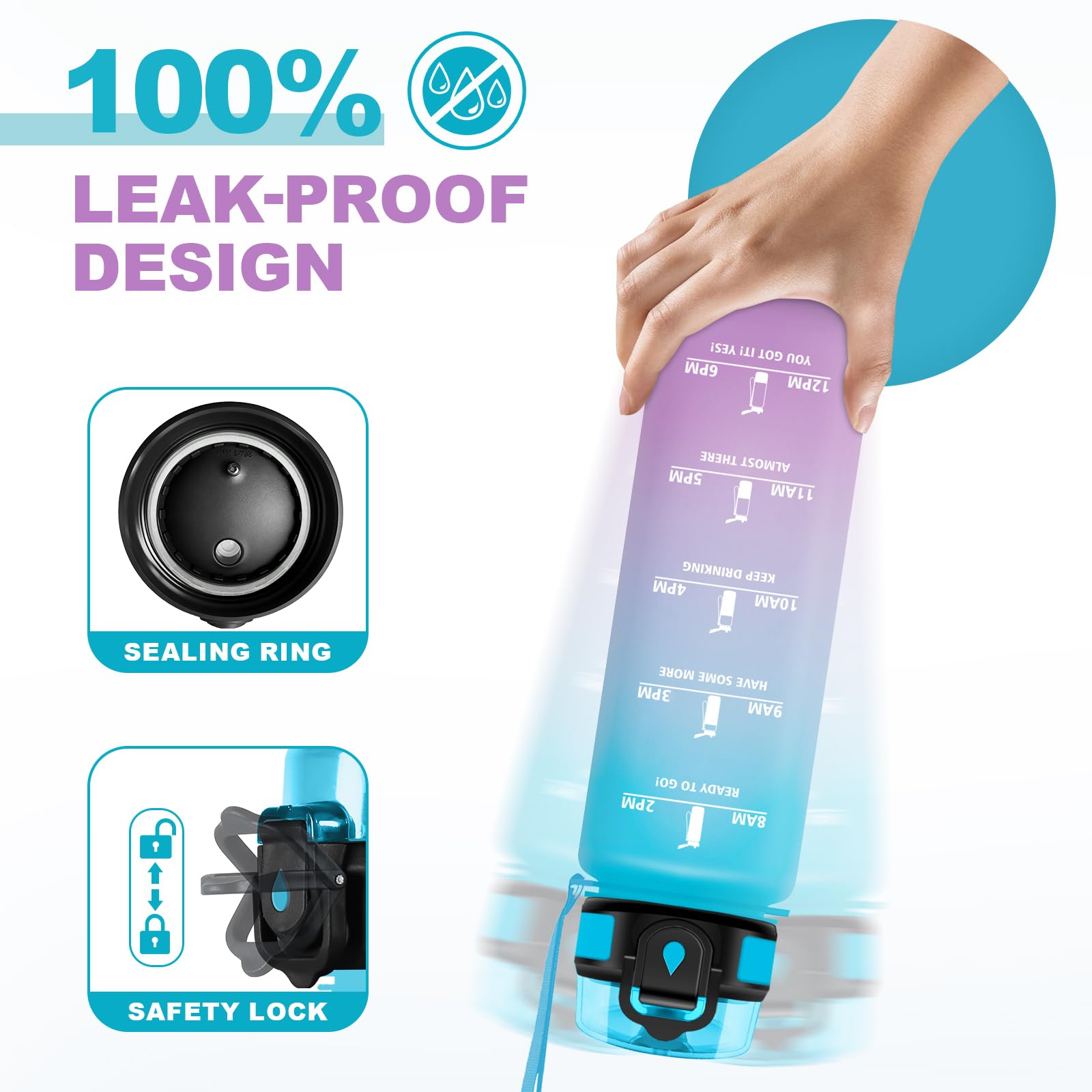 JAPORIA Borraccia 1L, Bottiglia Riutilizzabile, Bottiglia Acqua A Prova di Perdite, Borraccie con Filtro e Marcatori Temporali, senza BPA, Borraccia Motivazionale per Campeggio, Scuola, Ufficio