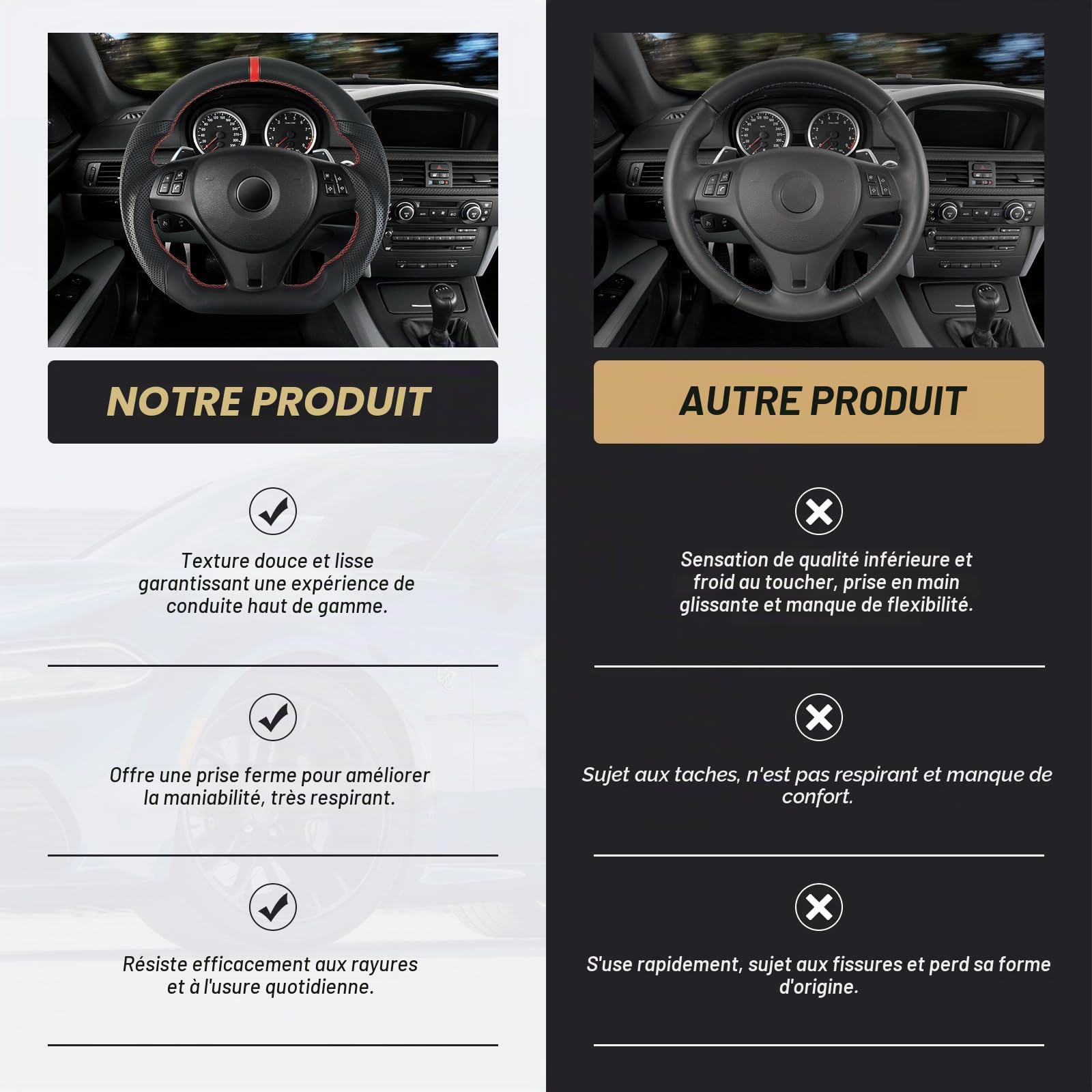 Cuir Plein - Volant antidérapant avec revêtement en cuir D-forme avec base plate et coutures rouges pour BMW M Sport 1/3 Series M3/E88 E90 E91 E92 E93 2005-2012