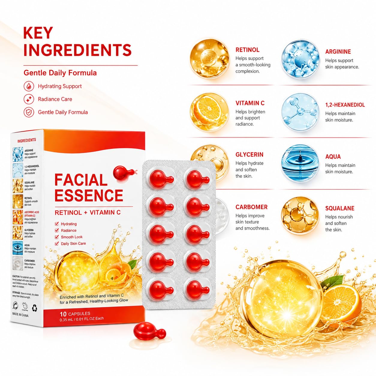Cápsulas de esencia facial de retinol vitamina C, 40 tiras/4 cajas | Embalaje higiénico de una sola dosis