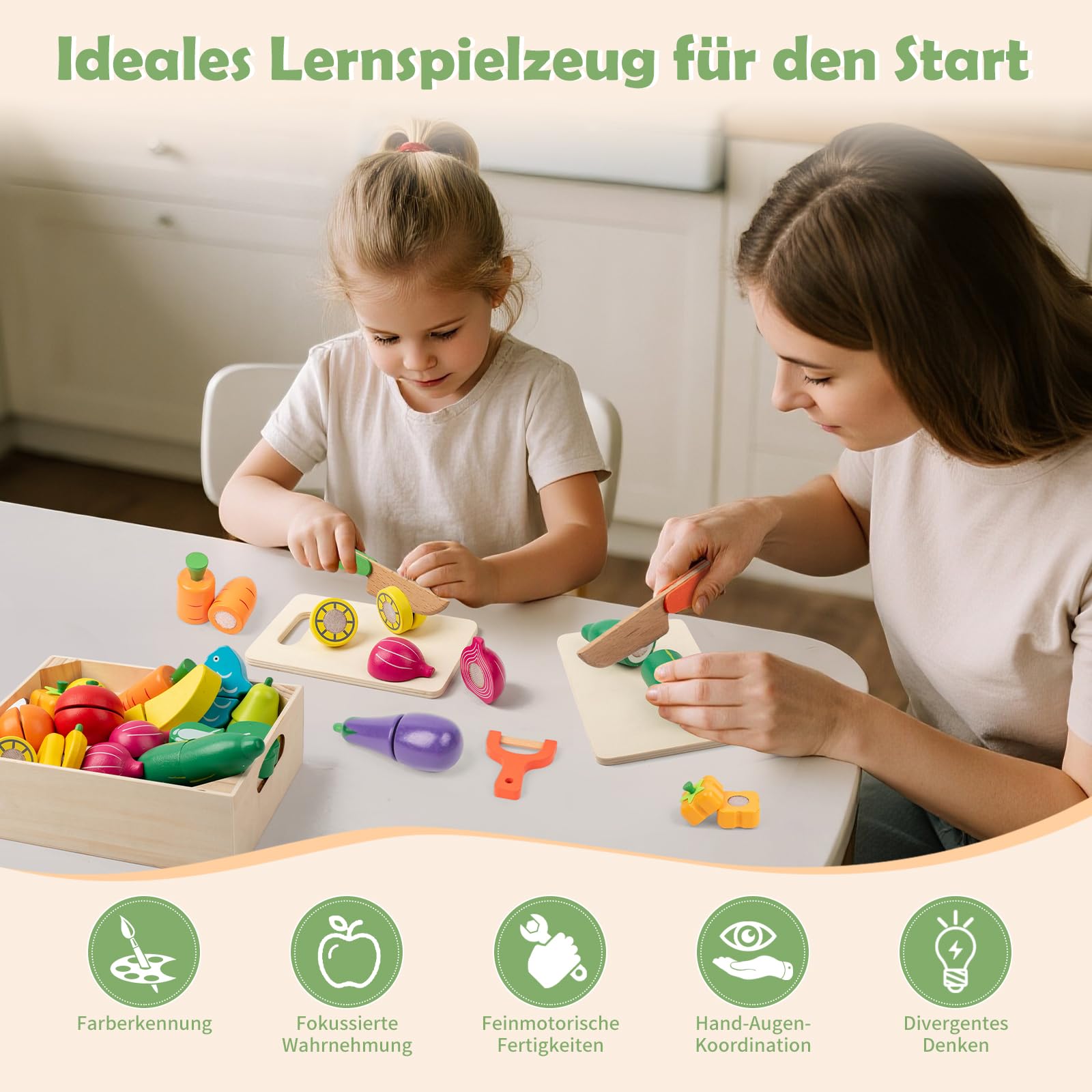 Kinderküche Zubehör Spielzeug ab 3 Jahre, Holzspielzeug Kinderküche Spielküche Zubehör mit Klett-Verbindung, 32 Stück Küchenspielzeug Lernspielzeug Rollenspiele Pädagogisches Spielzeug Geschenk