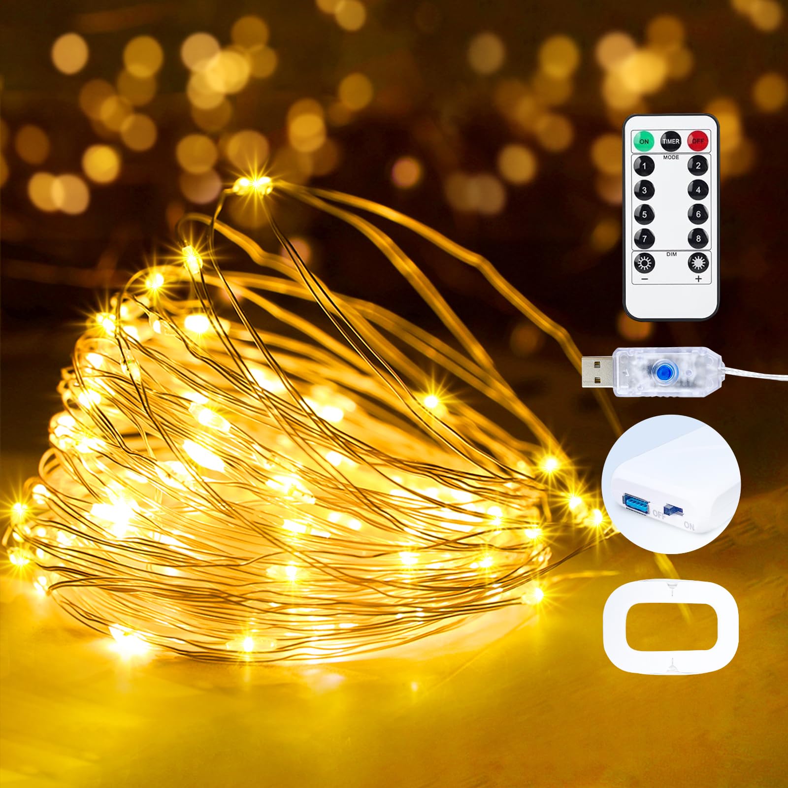 Photo 1 of 1Pack USB Plug in Fairy String Lights,16ft 50 LED Copper with Remote and Timer, 8 Modes Waterproof Twinkle String Lights Battery Powered for Bedroom Indoor Party Wedding Christmas Decoration