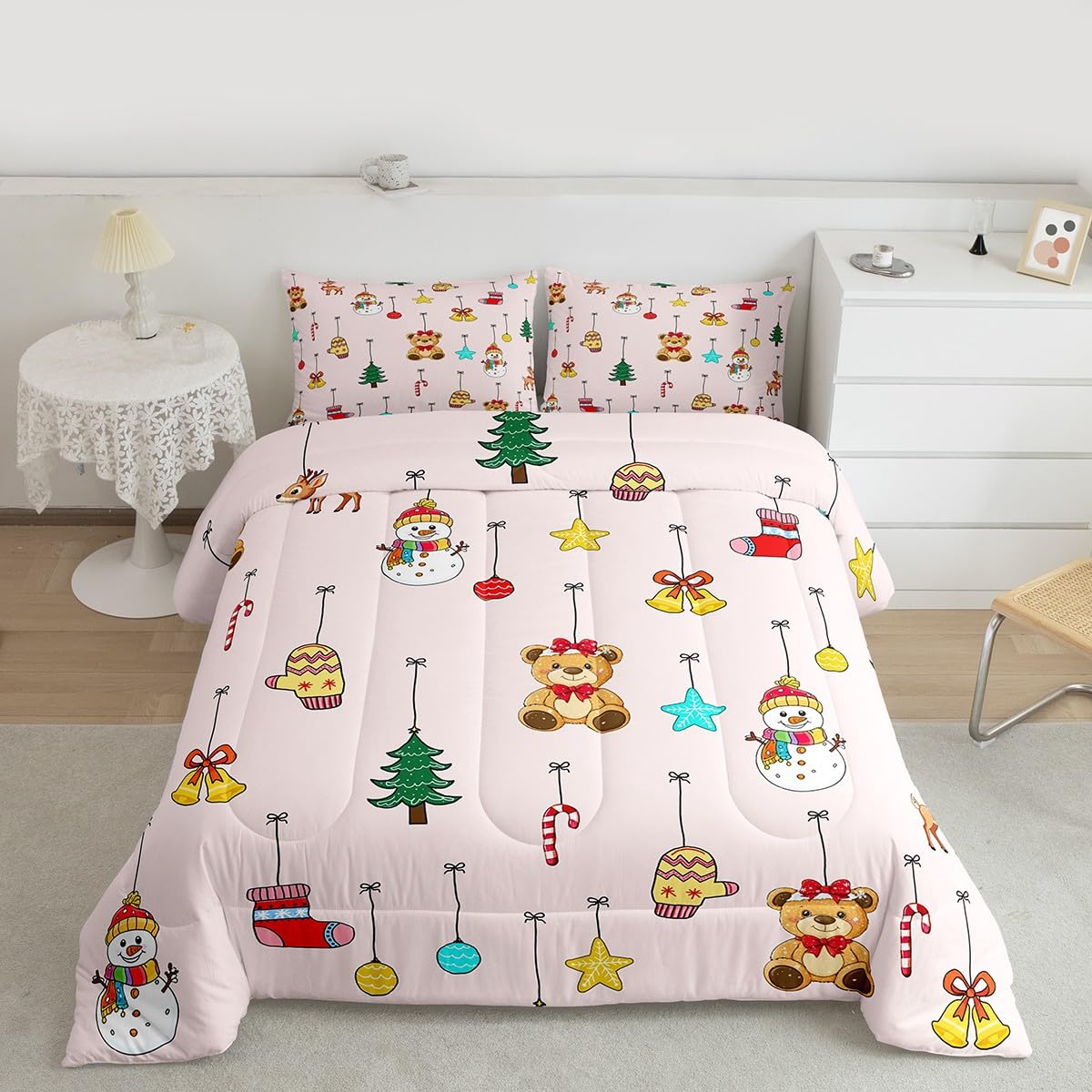 Homewish Różowy świąteczny zestaw kołdry w rozmiarze King Size - uroczy bałwan niedźwiedź dzwonki zestaw pościeli dla dzieci nastolatków lampki świąteczne zestaw kołdry - skarpety choinkowe bez