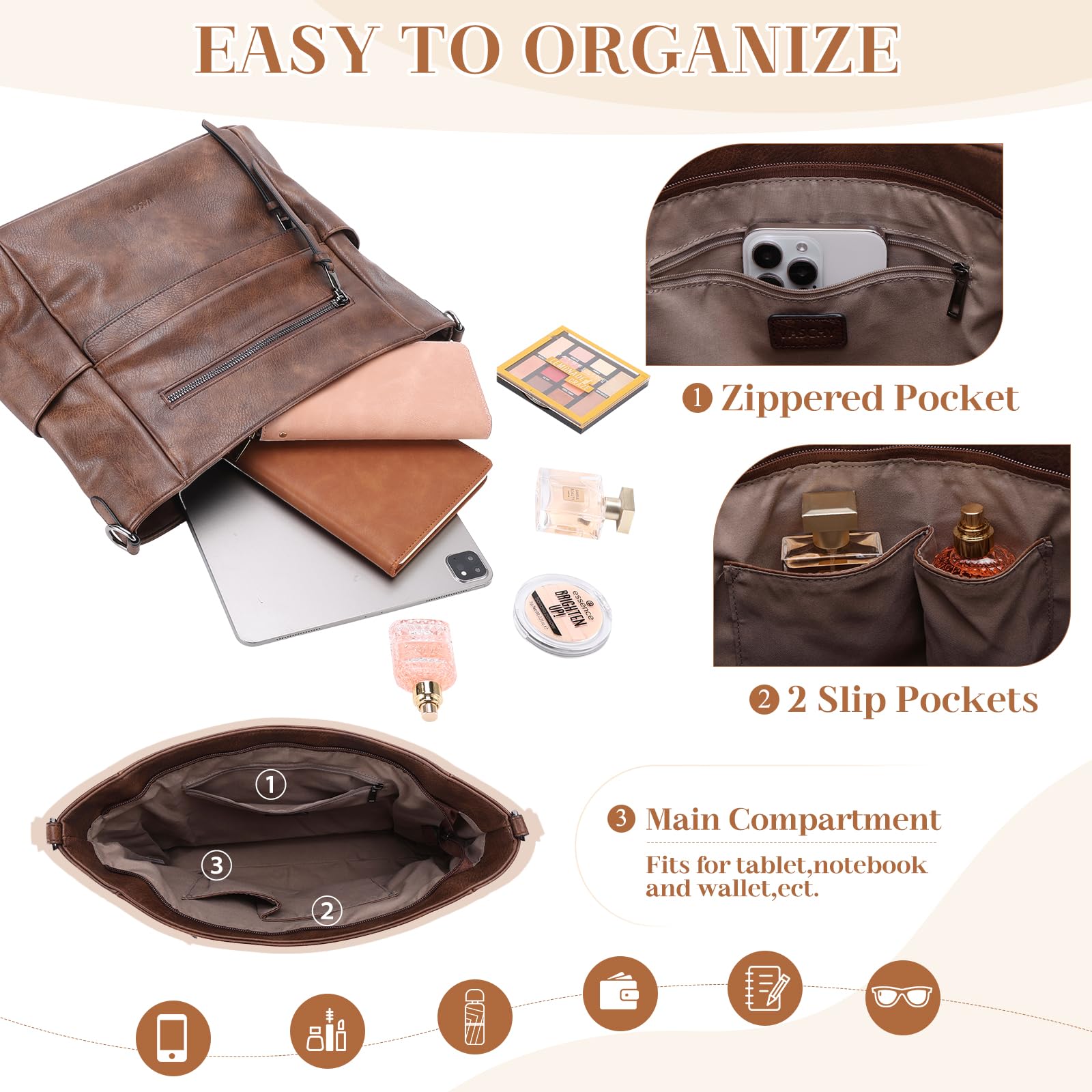 VASCHY Torba hobo dla kobiet, średnia wegańska skórzana torebka na ramię, portfel, zestaw, torba na ramię z paskiem do gitary crossbody,