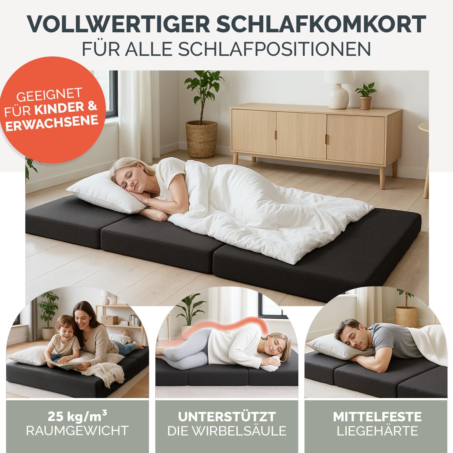 Blumtal Klappmatratze 120x200 cm - 3teilige Gästematratze klappbar extra dick (15 cm) - rückenfreundliche Faltmatratze 140x200 Schaumstoff - Schlafmatratze + Bezug Anthrazit hautfreundlich & waschbar