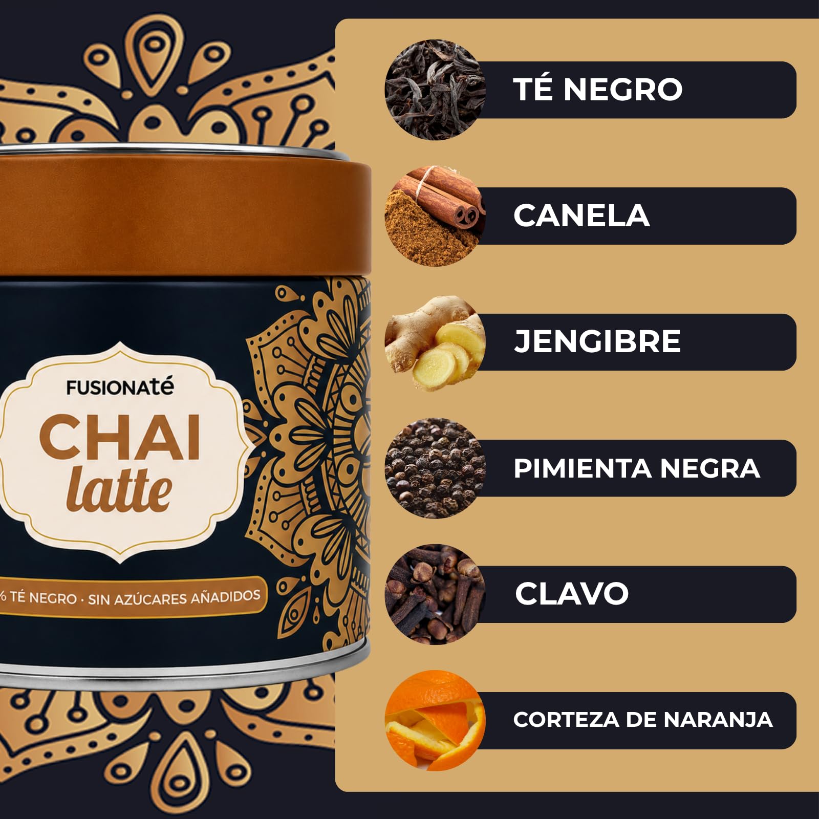 FUSIONATE Chai Latte 80% Té Negro India | Sin Azúcar | Masala Instantáneo en Polvo | Jengibre, Canela y Pimienta | Sin Aditivos | 100g