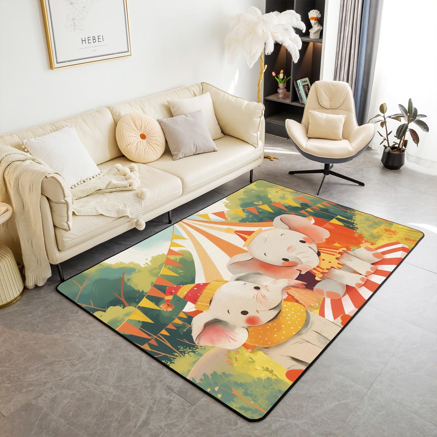 Castle Fairy Watercolor Elephants Area Rug Cute Cartoon Animal Green Trees Non Slip Rug for Kids Boys Girls Teens Orange Stripes Circus Tent Flag