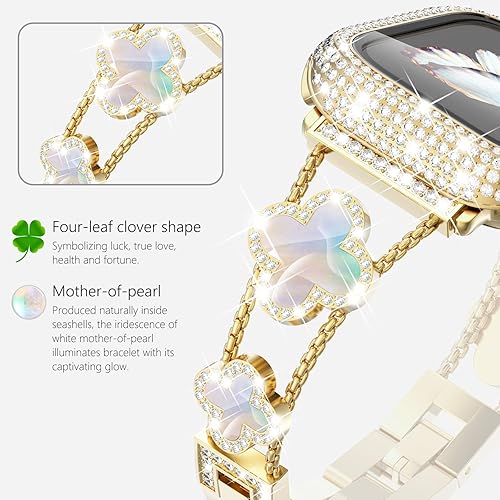 Miniatura 4 de Surace Compatible con correas doradas de Apple Watch de 1.575 pulgadas para mujer, joyería de diamantes de imitación de acero inoxidable con funda