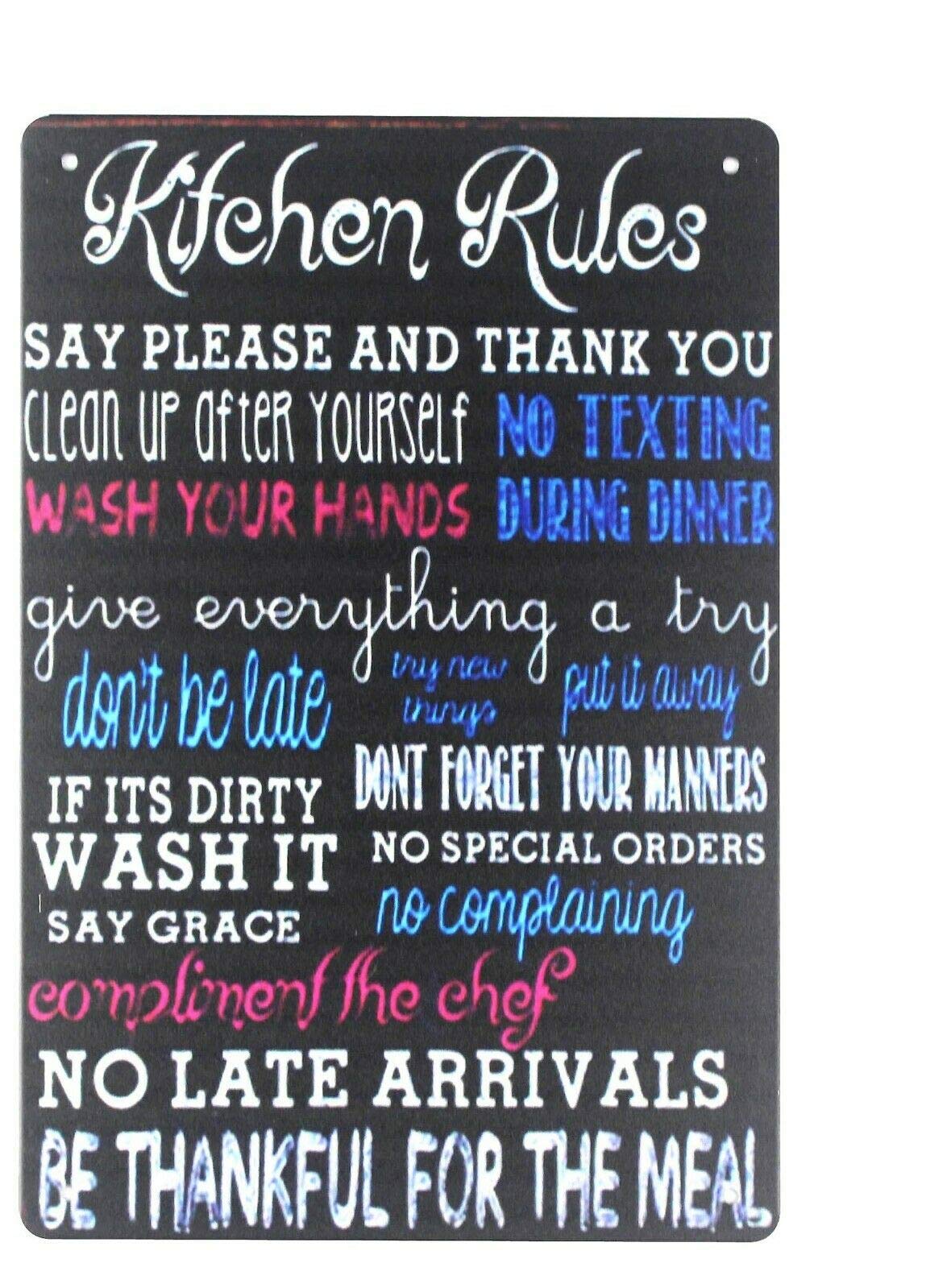 peiyeety Tin Sign Decor Kitchen Rules Tin Metal Sign Kitchen Rules Signs, Cottage Kitchen Decorations, Fun Kitchen Signs, Kitchen Humor Wall Art Metal Sign 8x12 Inches