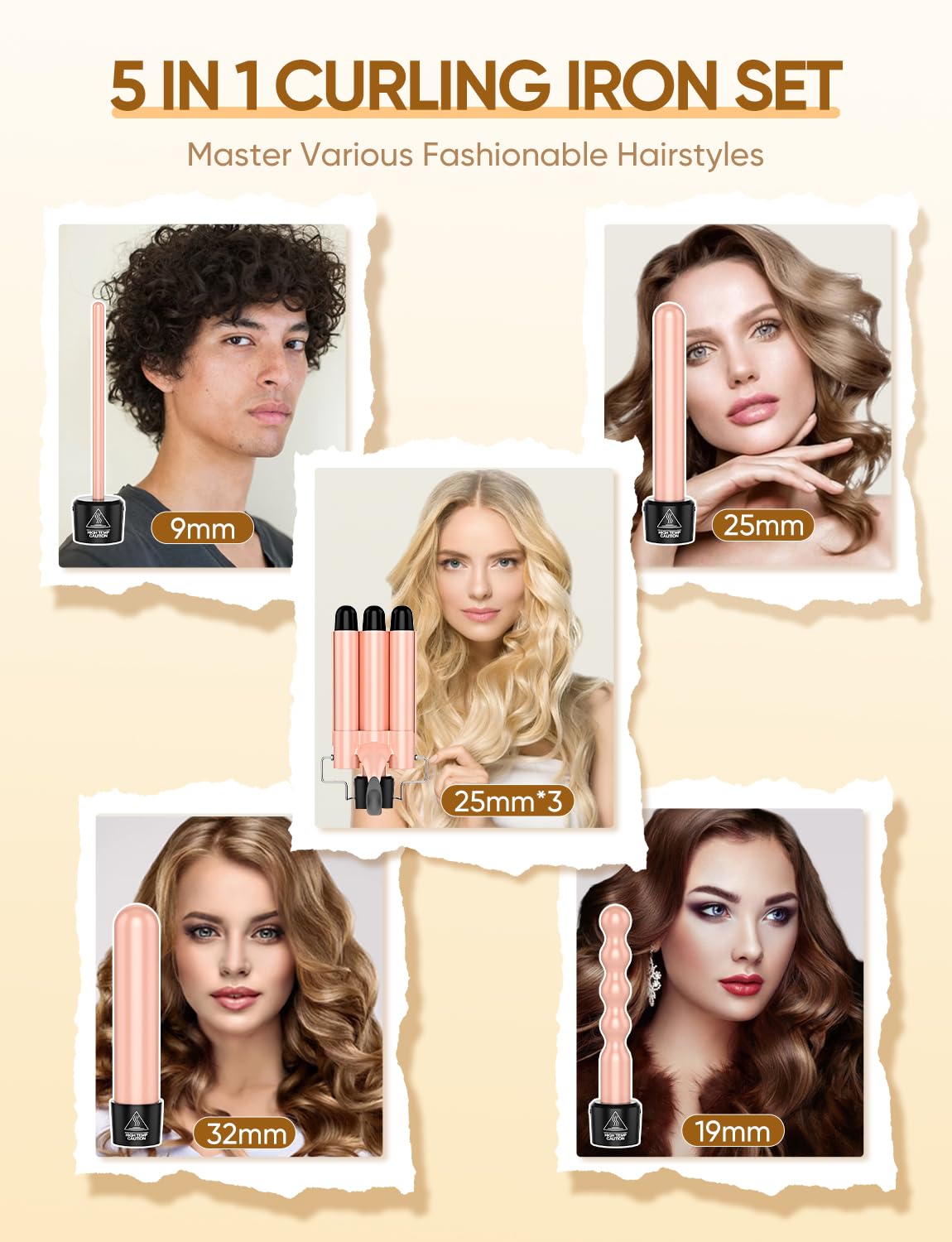 OBVHNUA Ferro Arricciacapelli 5 in 1 Piastra Capelli Onde Beach Waves, Arricciacapelli 3 Tubi, Riscaldamento Rapido PTC, 9-32 mm 5 Intercambiabili Arricciacapelli e 2 Regolazioni della Temperatura