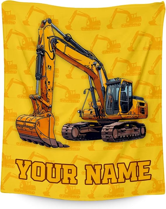 Personalized Blankets for Kids, Cozy Soft Excavator Throw Gifts for Boys, Yellow Flannel Construction Blankets for Bed Travel, 50x60 Inches