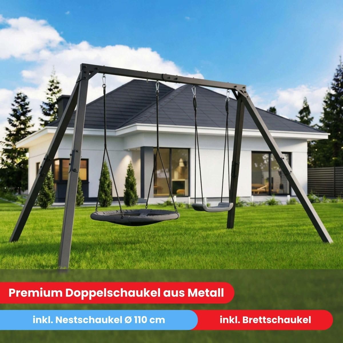 K-Sport: Doppelschaukel Gestell (Metall) I Brettschaukel und Nestschaukeln im Set erhalten I Schaukelgestell bis 200kg belastbar I Outdoor Schaukel I Schaukelgerüst inkl. Bodenanker I Made in EU