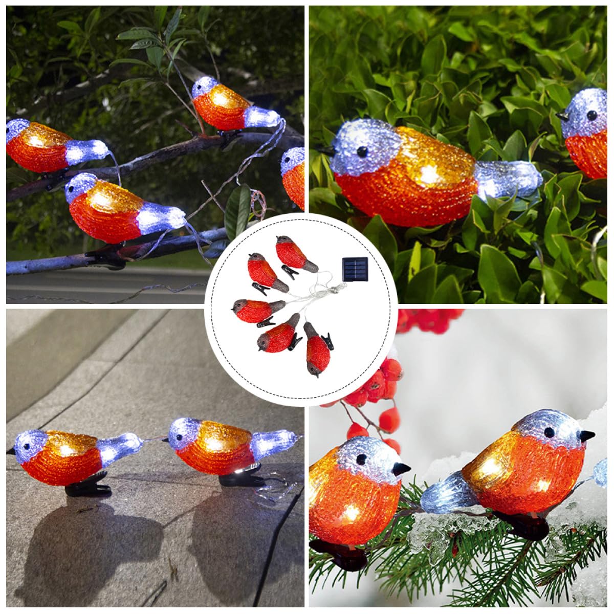 Solar LED Rotkehlchen Lichterkette aus Acryl Kunststoff Ip65 1 Satz | Garten und Hof, Rot, Energiesparend mit Geringem Verbrauch, Dekorative Außenbeleuchtung
