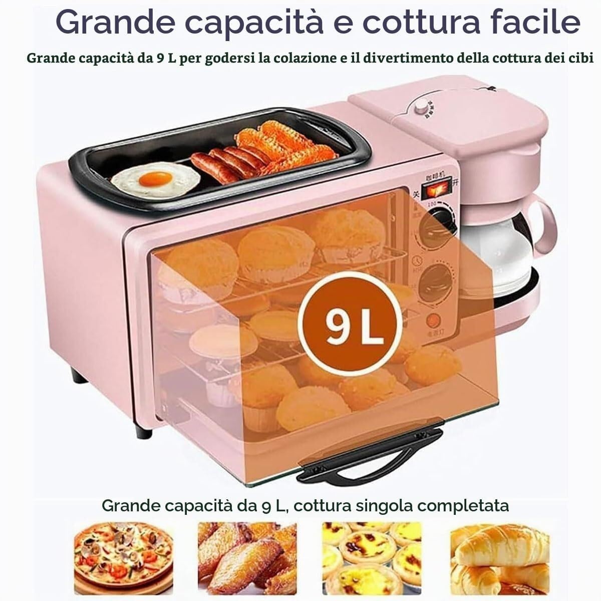 Macchina per la colazione elettrica, stazione per la colazione 3 in 1 con pentola da 1,2 l, area di cottura di grande capacità da 9 l e macchina per il caffè, controllo della temperatura da 100 a 23