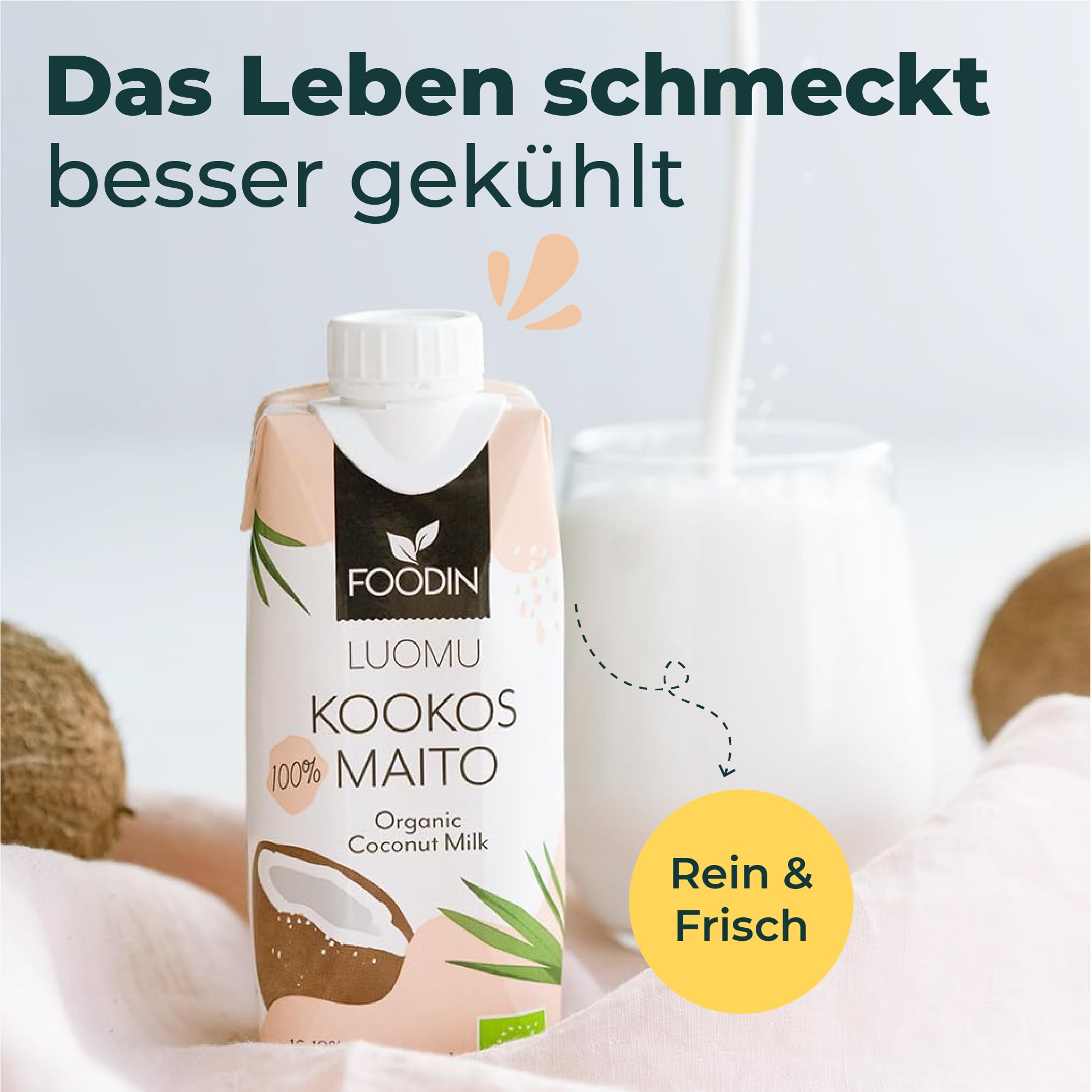 FOODIN Bio Kokosmilch 12 x 330 ml – Cremig & lecker, 100% vegan, aus weißem Kokosnuss-Fruchtfleisch, ideal für Currys, Suppen, Smoothies & Desserts