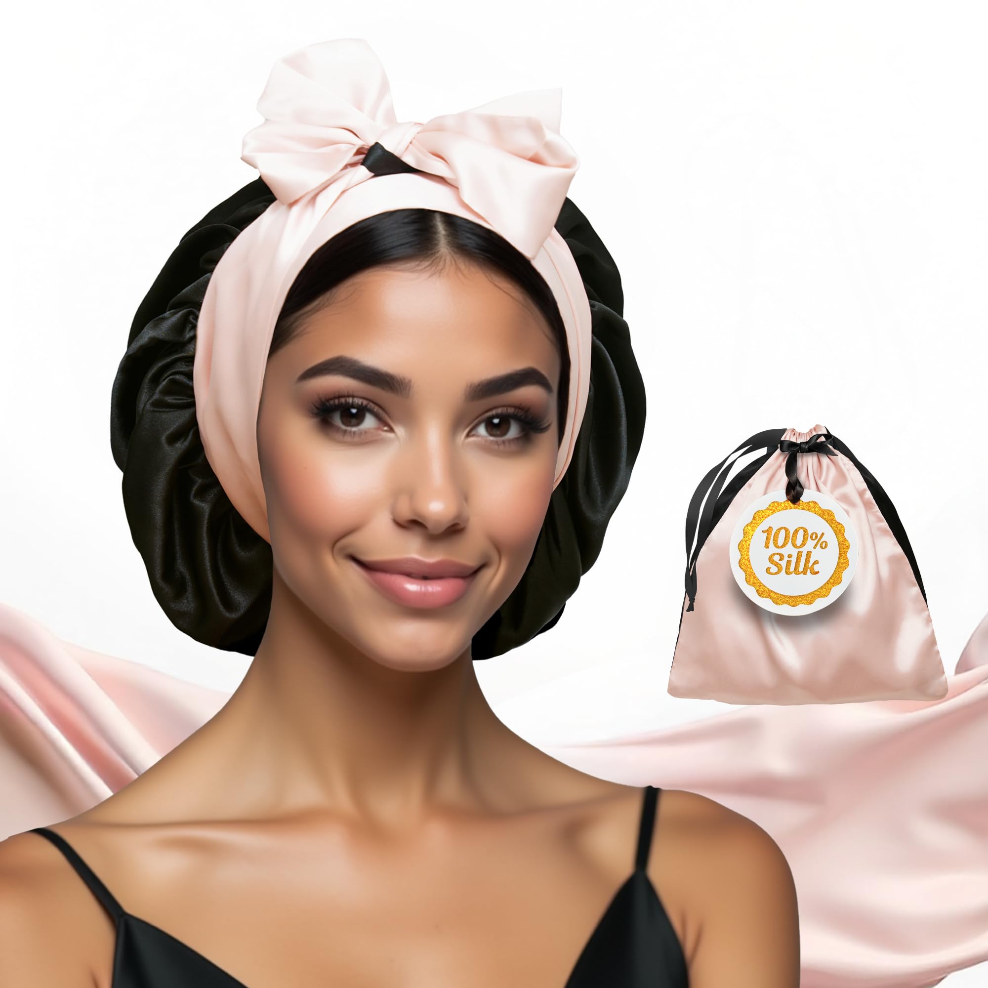 100% Mulberry Silk Bonnet for Sleeping Women with Curly Hair – Alternative to Double Layer Satin Bonnet with Tie Band – Premium Silk Hair Wrap for Sleep with Wonder Loop – Black