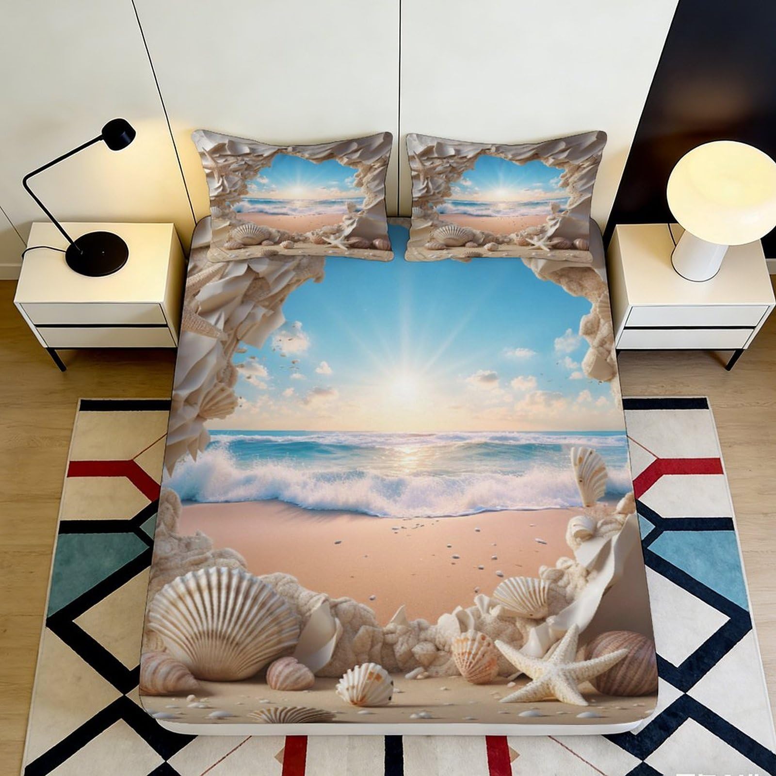 Jqzkxnhpbr Style-2 3D Printed Ocean Sunrise Fitted Sheet Microfiber Beach Shells Mattress Cover For Bedroom Guest Room Dustproof Decor 90X200x25cm