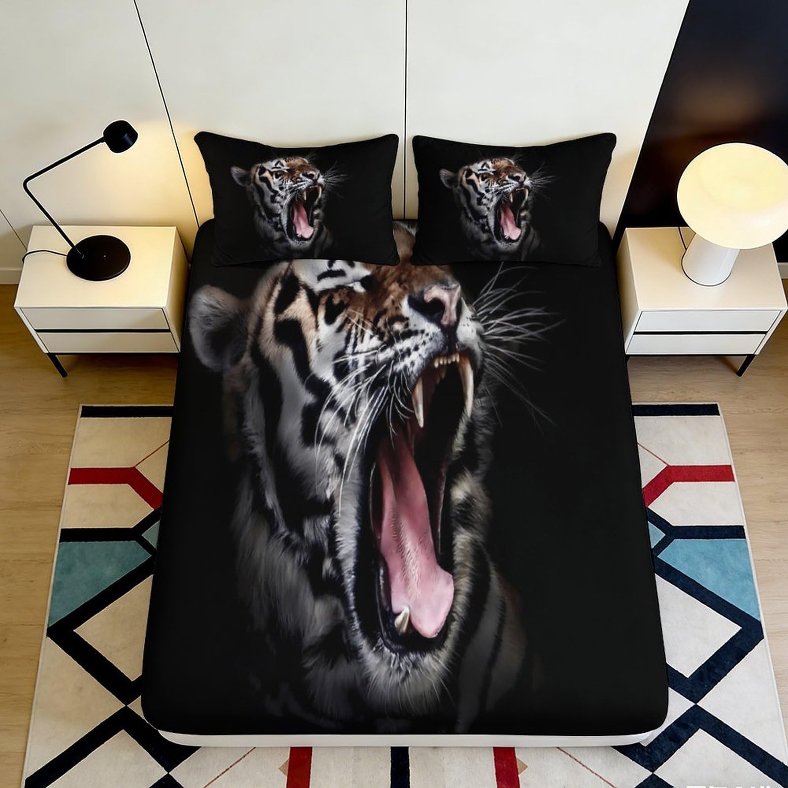 3D Printed Roaring Tiger Fitted Sheet Microfiber Black Animal Pattern Mattress Cover for Bedroom Guest Room Decor 90x200x25cm