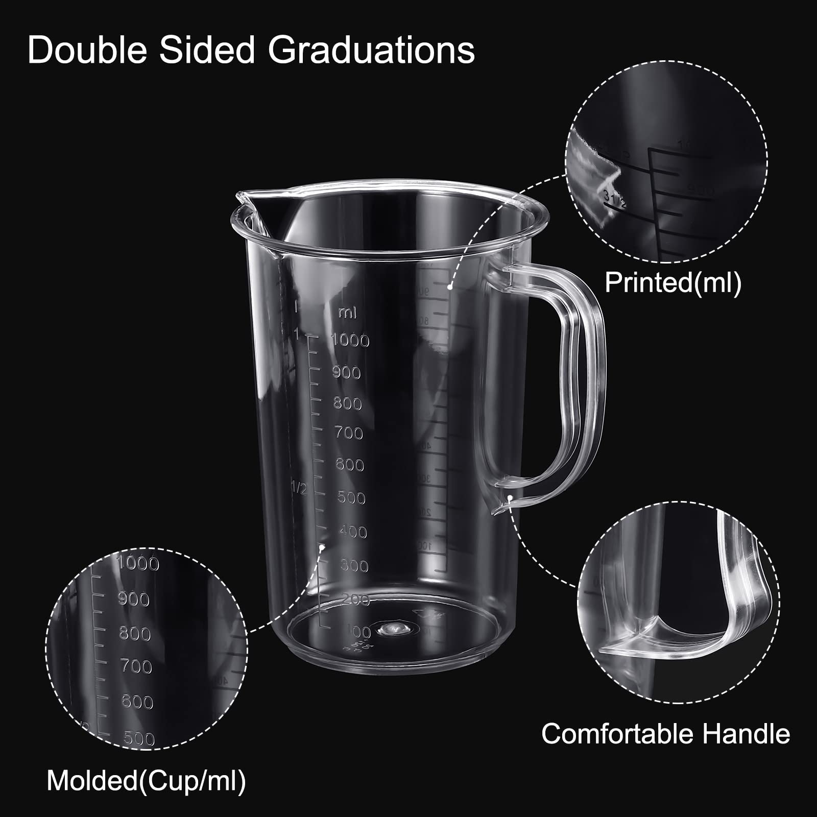 Bécher Gradué 1000 Ml En Plastique PC - Double Graduation, Pratique Pour Laboratoire Ou Cuisine