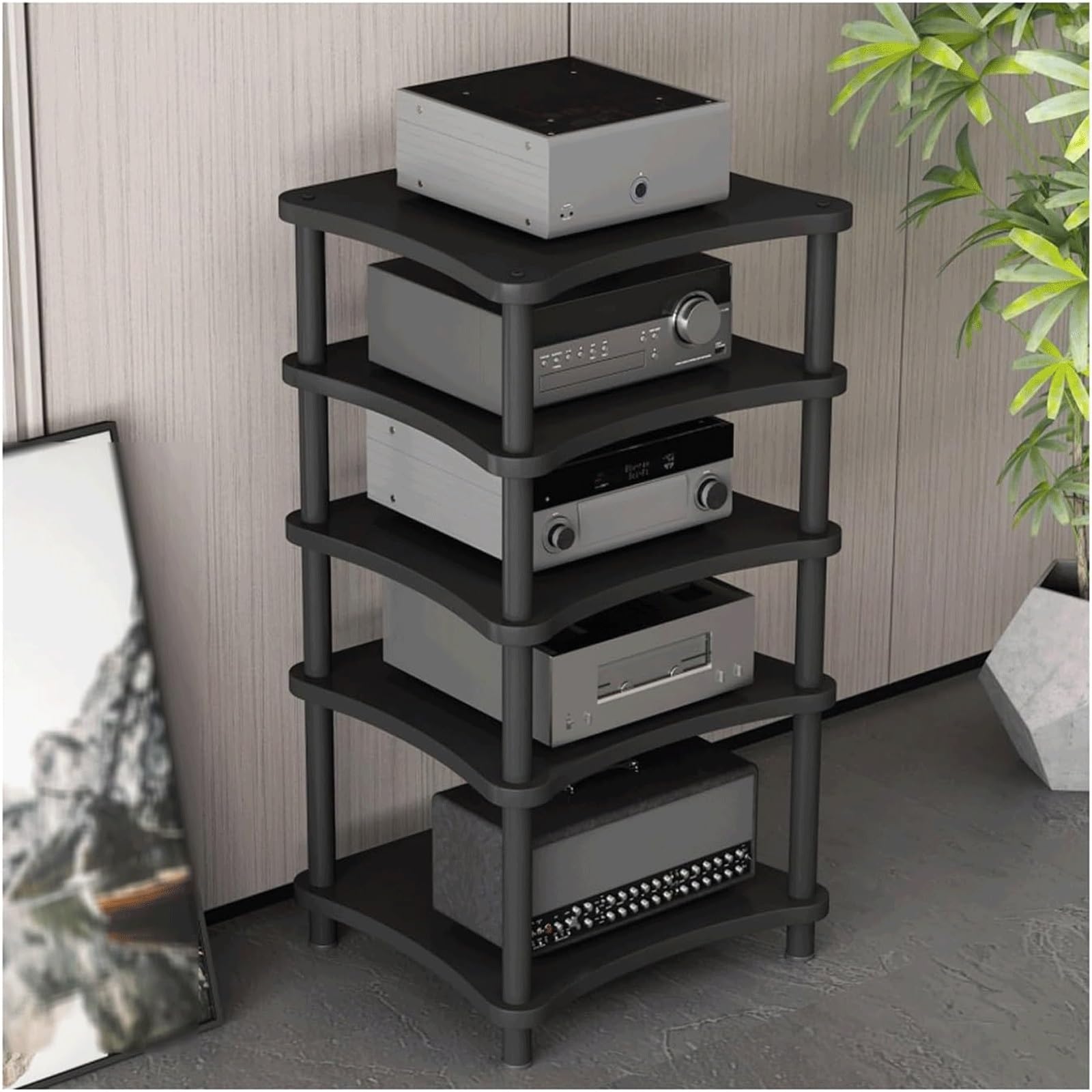 Rack audio a 5 livelli, robusto armadio stereo HiFi moderno ripiano AV multi-livello per apparecchiature audio, elegante finitura nera, ideale per gli appassionati di home theater e musica