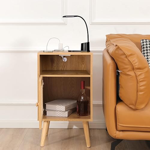 Miniatura 4 de Xilingol Mesita de noche de ratán con estación de carga, puertos USB y tomas de corriente, mesa auxiliar de madera bohemia para sala de estar y
