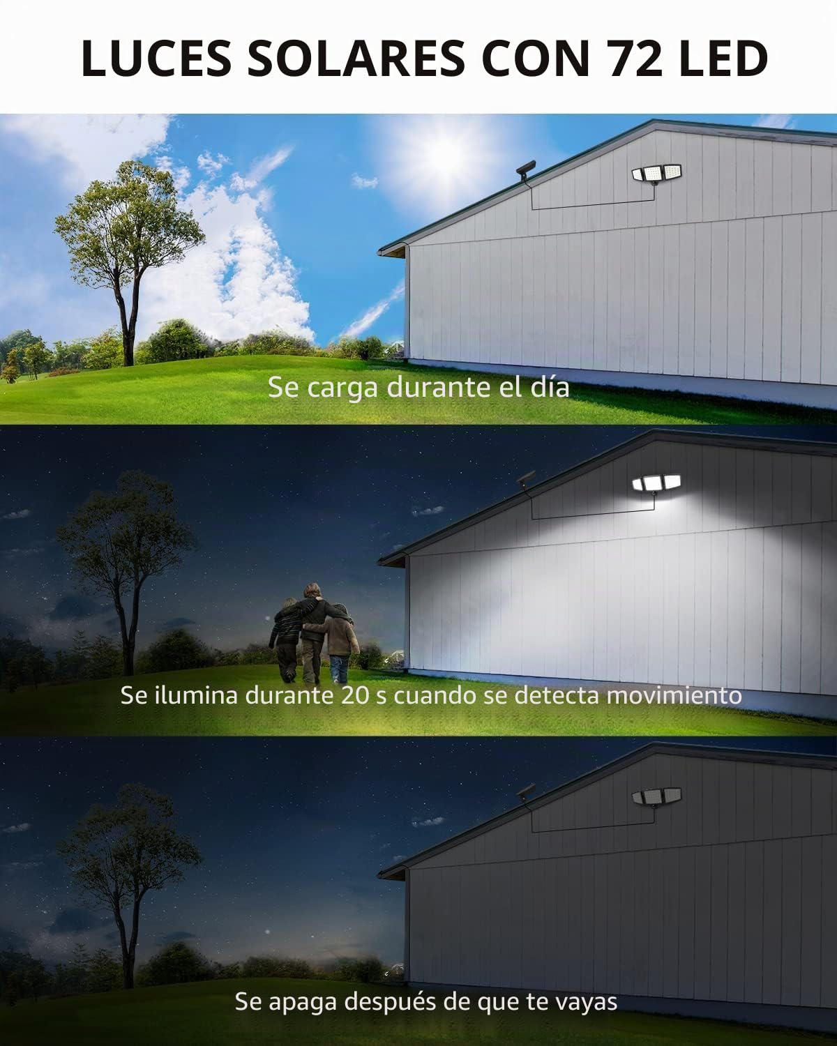 Lepro Luz Solar Exterior Detector de Movimiento, 72 LED 1000 LM, Pack de 2 | Foco Solar Exterior Potente de Seguridad, Impermeable IP65, 3 Cabezales, Ángulo de 270° Rotación de 360° para Jardin Garaje