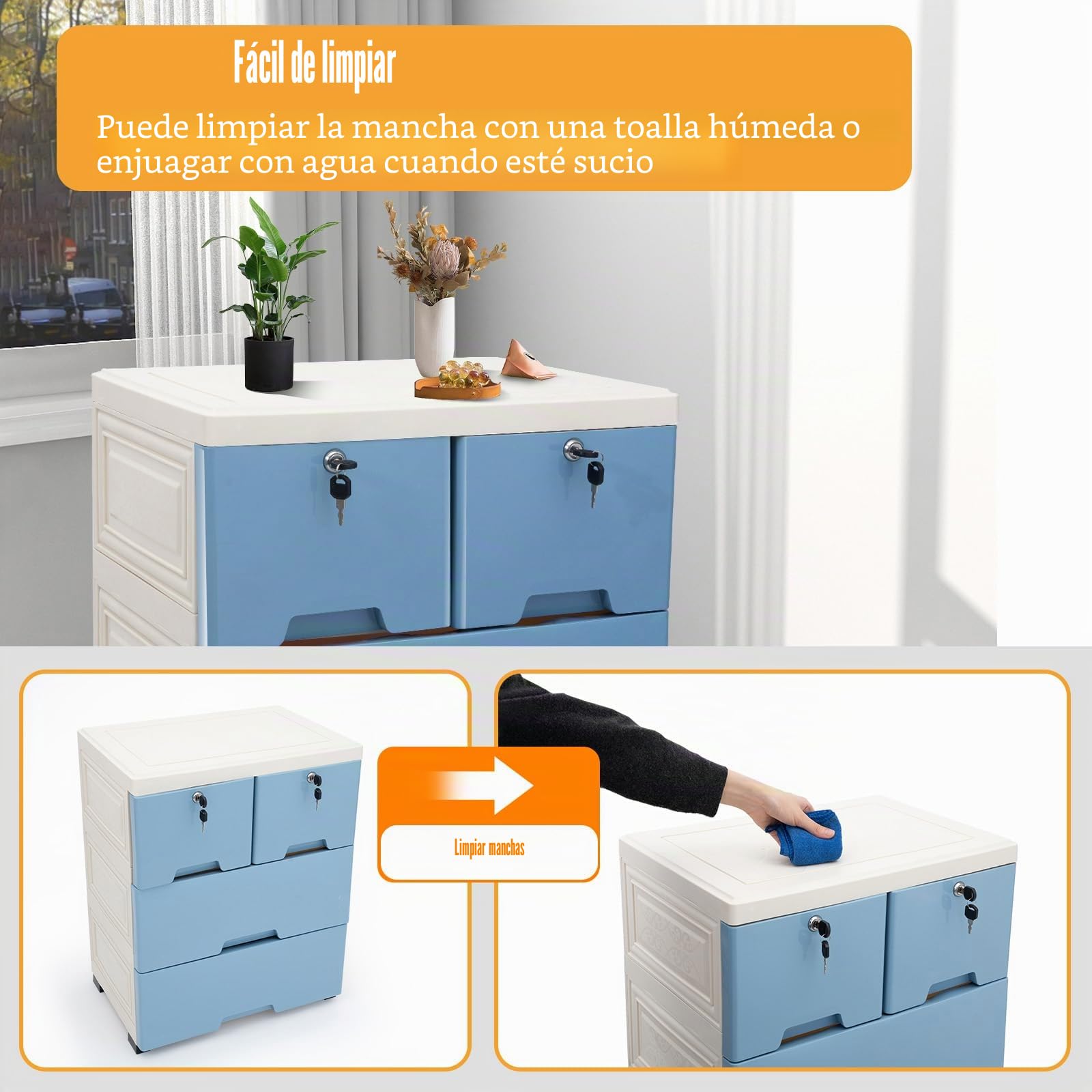Cajonera de plástico con 6 cajones, apilable, organizador con cerradura, unidad independiente para el hogar, oficina, dormitorio, baño (azul)