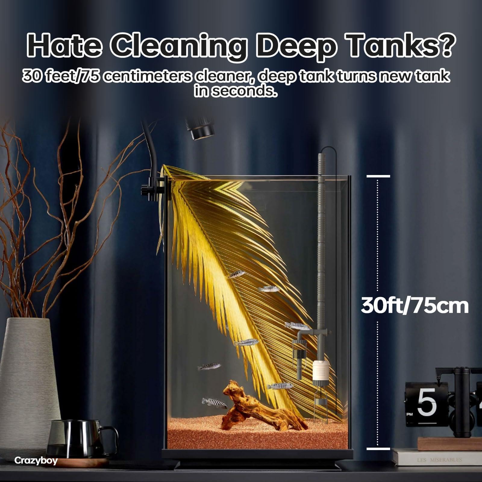 Nettoyeur de gravier électrique 30 W pour aquarium, aspirateur automatique 6 en 1 avec puissance d'aspiration réglable, moteur amovible pour un entretien facile, changeur d'eau efficace et kit