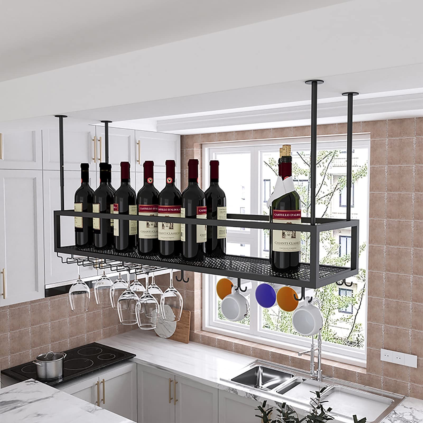 Botellero Creativo para Techo, Soporte para Botellas de Vino, Expositor Colgante para Copas de champán, Estante de Almacenamiento de Hierro Forjado para Debajo del Mueble del Bar doméstico (