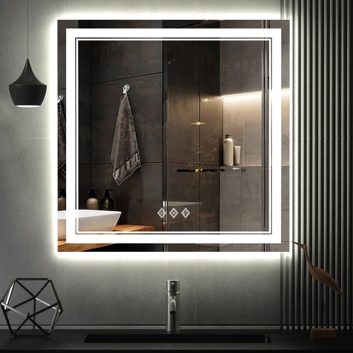 LED Bathroom Mirror, 32x32 Inch Gradient Front and Backlight Lighted Vanity Mirror, 3 Colors Dimmable CRI>90 Double Lights, IP54 Enhanced Anti-Fog, Hanging Plates Wall Mount Bathroom Mirror 32"x32"