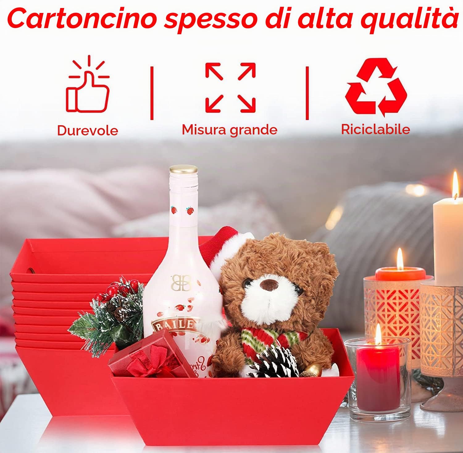 LATERN 6 Pezzi Grandi Cesti Regalo Vuoti, 25CM x 20CM x 11CM Cestini Regali Rossi Cesto di Vino Cestino per L'Organizzazione di Snack Con Maniglie per Matrimonio Compleanno Natale San Valentino Festa