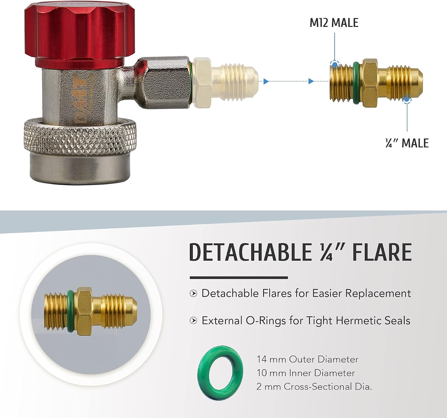 OMT R134a Quick Coupler Adapter, Adjustable R134a Adapters and AC Hose Fittings, HP and LP Connectors for R134a Car AC System Evacuation Recharging and More, 1/4" Flares, Set of 2