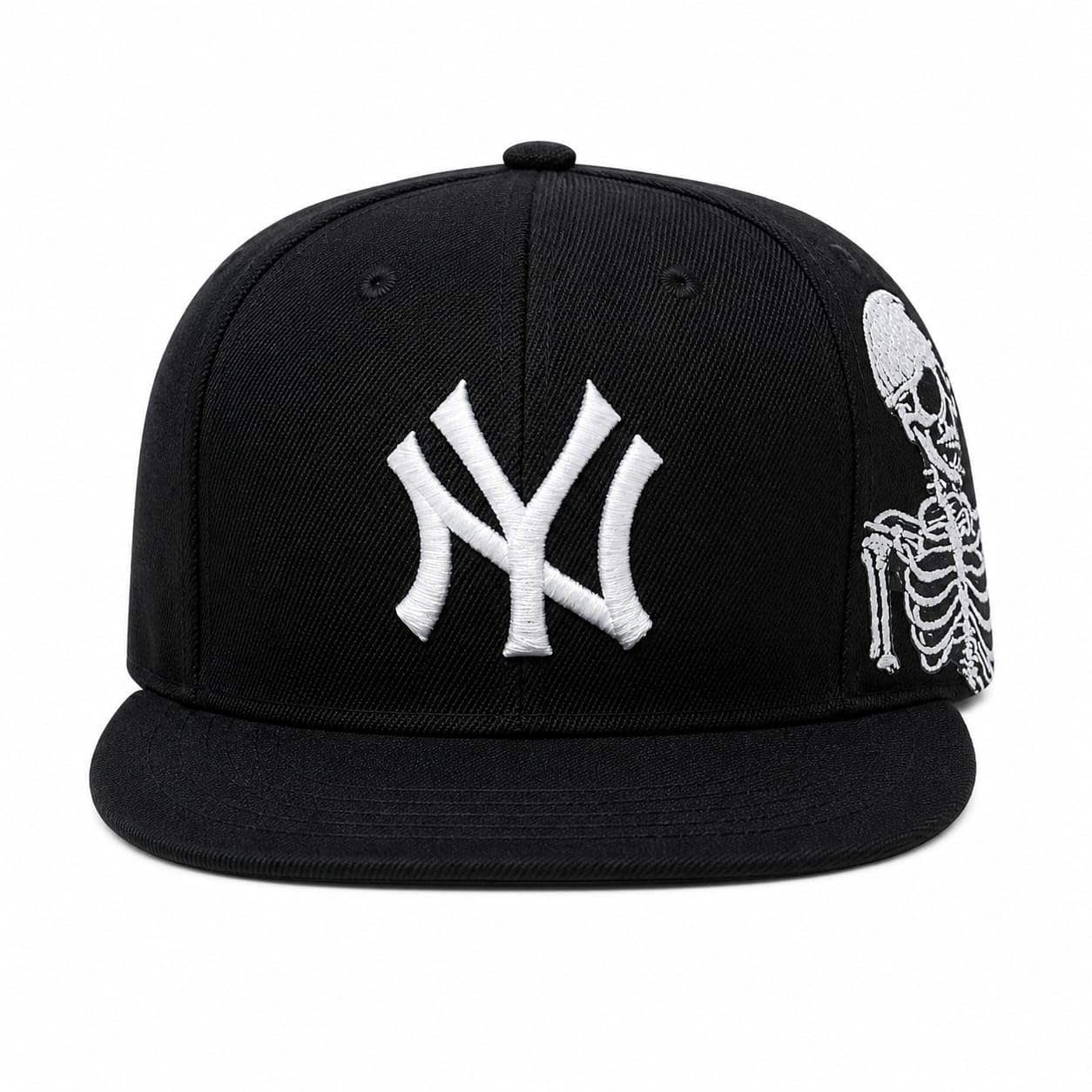 fasam Black Snapback Cap with Embroidery & Skeleton Side Print | Adjustable Flat Brim Hat for Men & Women | Stylish Streetwear Baseball Cap-1pcs-picture-19