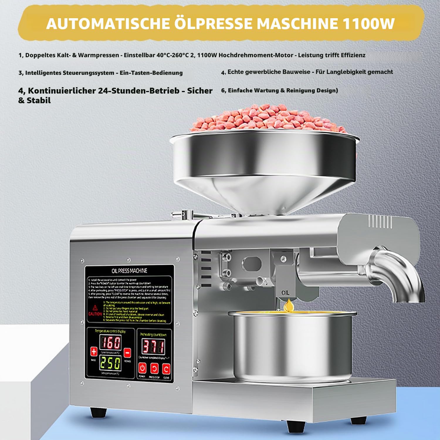 Automatische elektrische Edelstahl Ölpresse 1100W, 6L Trichter, Heiß- & Kaltpressung (40°C–260°C), Öl Pressmaschine für Walnüsse, Sesam & Sojabohnen – Haushalt & Gewerbe