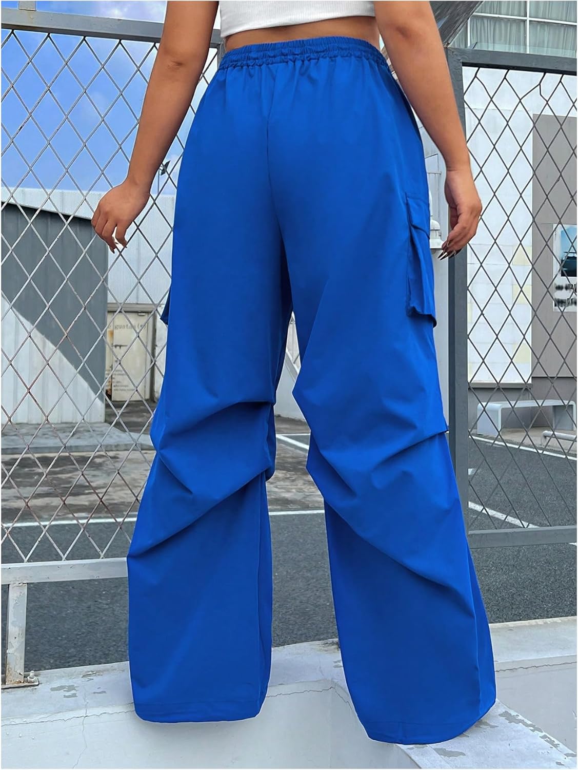 OYOANGLE Women's Plus Size Drawstring Waist Wide Leg Casual Cargo Pants with Pocket - Image 2