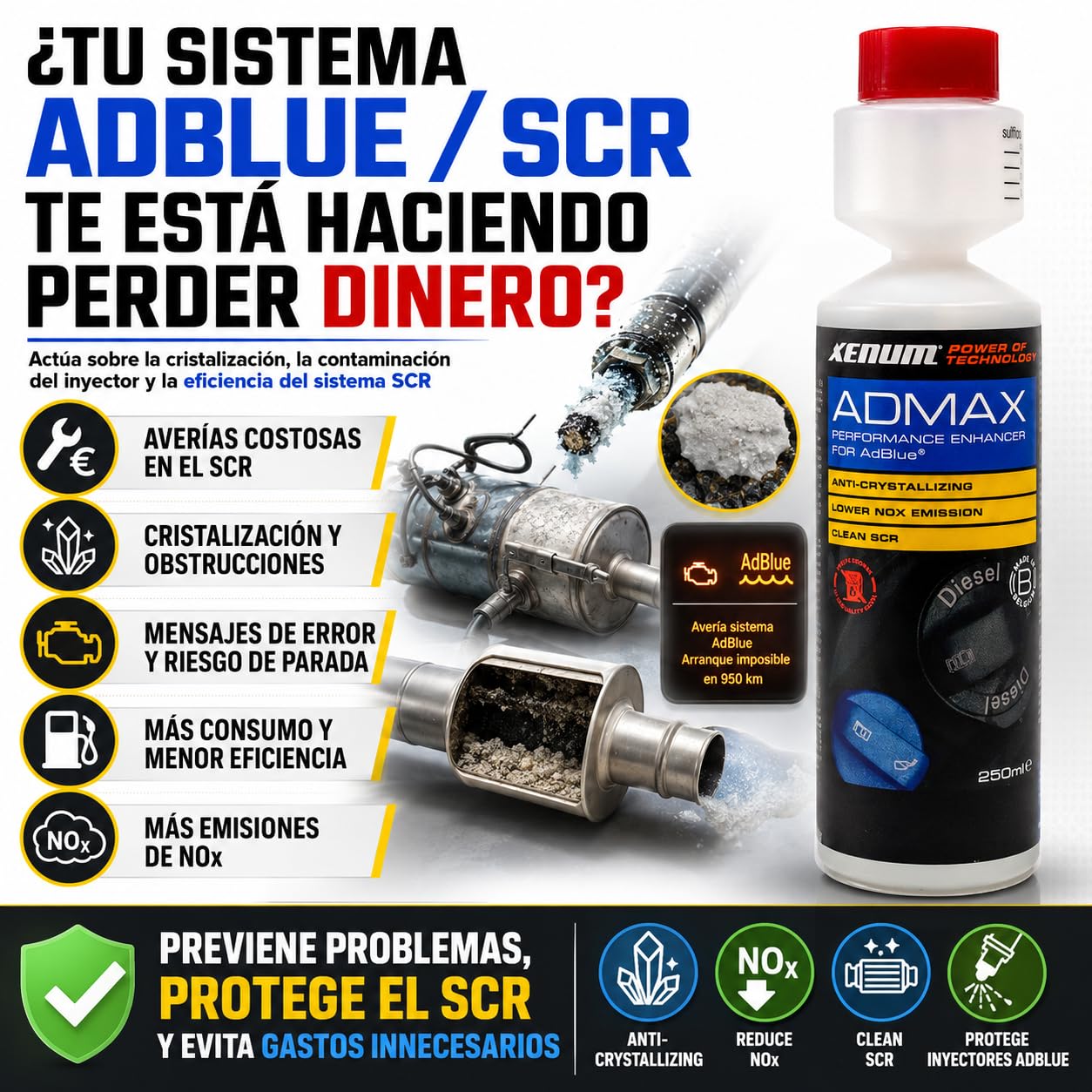 Genérico Xenum ADMAX 250 ml – Aditivo para AdBlue, Anticristalizante SCR, Protege Inyectores AdBlue, Reduce NOx, Ayuda a Prevenir Obstrucciones y Averías en Vehículos Diésel