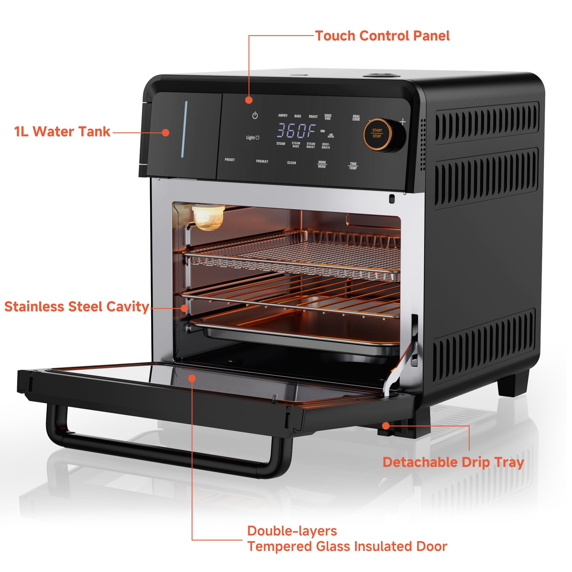OUNIN Steam Oven 18L, 11-in-1 Air Fryer Oven with Steam Infusion, Dual Cook, Bake, Roast, Dehydrate & Self-Cleaning, 360° Even Heating, Easy to Use, Stainless Steel Inner, Space-saving Design — view 7
