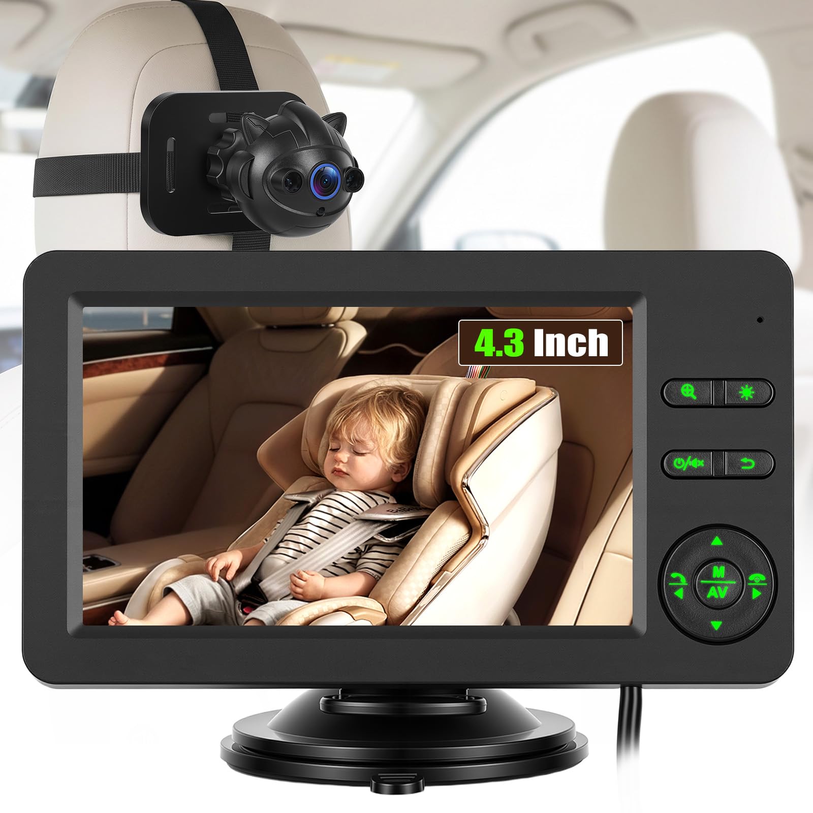 SIXTOP Monitor Coche Cámara Bebé, Pantalla 4.3" HD 720P, Bluetooth Música y Manos Libres, Visión Gran Angular y Nocturna, Fácil Montaje en Reposacabezas, para Silla de Coche Infantil