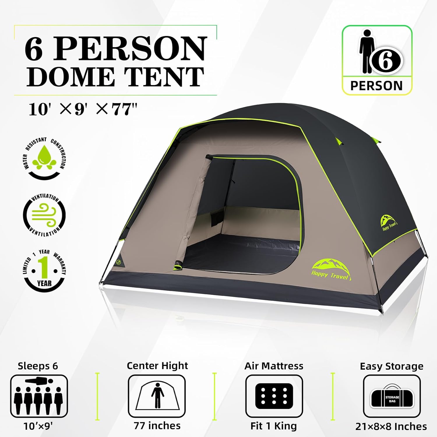 happy travel camping tent, 4/6 person dome tents for camping with rainfly, waterproof clip easy setup portable family tent with mesh windows, 20% more headroom backpacking tents for camping & hiking black 6 person