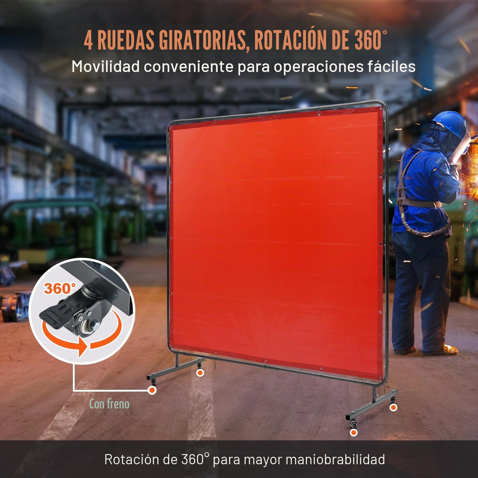 VEVOR Cortina de Soldadura con Marco, 1,8x1,8 m Pantalla de Protección de Soldadura de Vinilo Ignífugo con 4 Ruedas Giratorias 2 Bloqueables, Cortina Móvil Profesional para Taller, Industria, Rojo